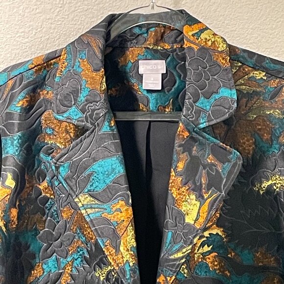 CHICO'S (NEW) Tapestry/Brocade Floral Long Line Blazer, Blk/Turq/Rust - 4/20-22 - Picture 4 of 10